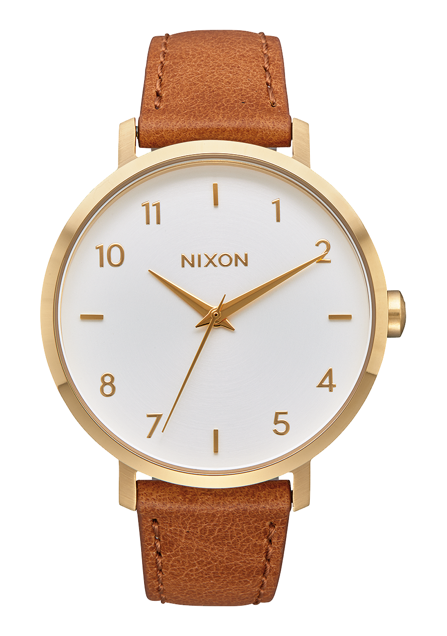 
NIXDEV01 Arrow Leather Analog Watch - Gold / White / Saddle - View 1